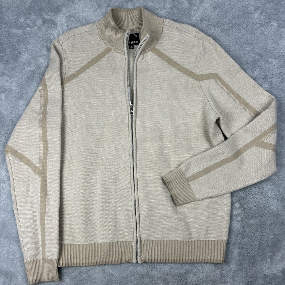 Stone Falcon Men's Medium Cardigan Full Zip Mock Neck 3‎ Tone Beige Soft